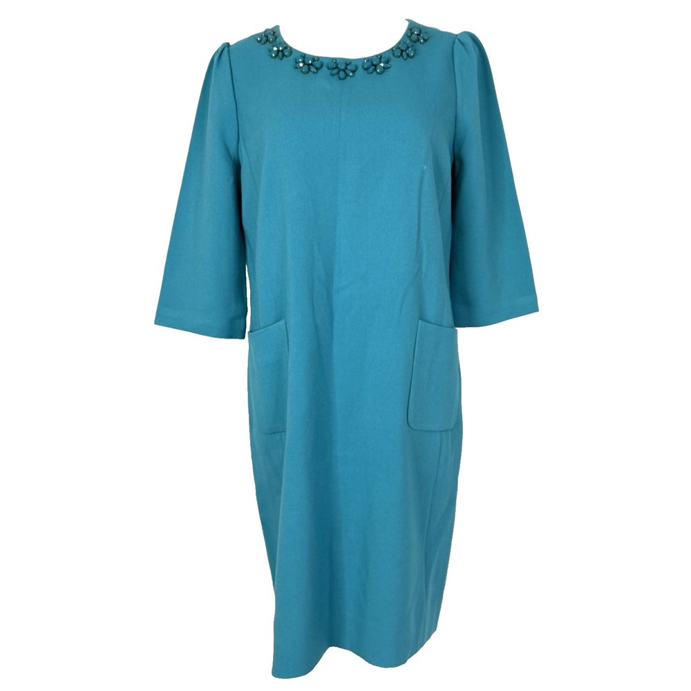 Kate Spade Blue Beaded Crepe Sheath Dress Size L Shift 1/2 Sleeve Pocket